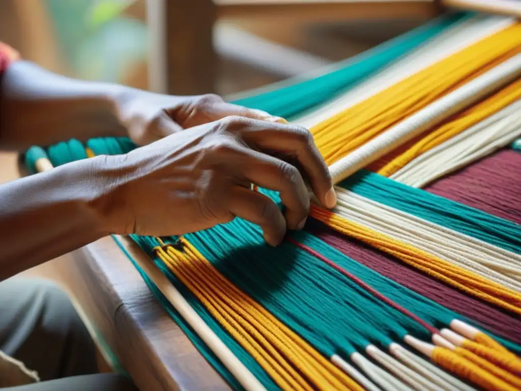 Un artesano indígena tejiendo con destreza una colorida tela tradicional