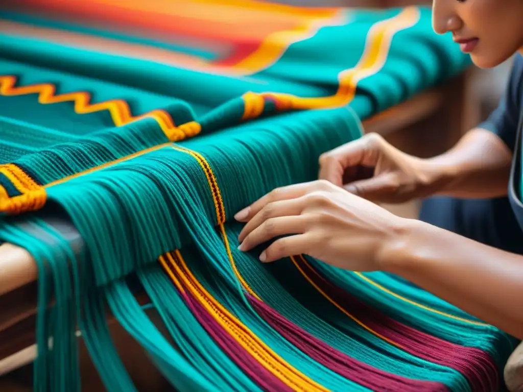 Un artesano indígena teje con destreza hilos vibrantes en un patrón textil tradicional, mostrando las tendencias textiles indígenas contemporáneas