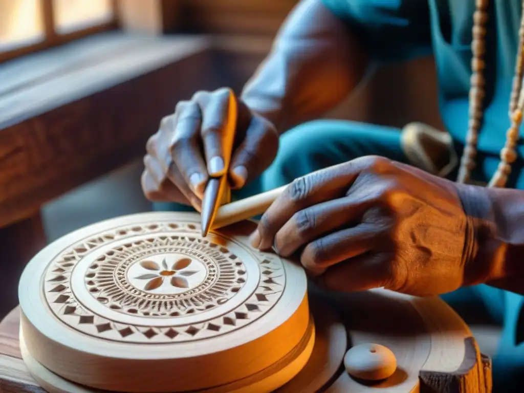 Un artesano indígena esculpe con destreza un instrumento musical tradicional en madera cruda