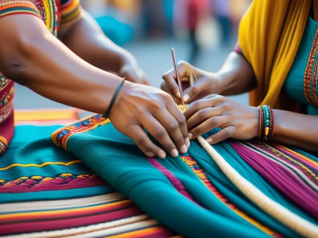 Un artesano indígena teje con destreza en un mercado colorido