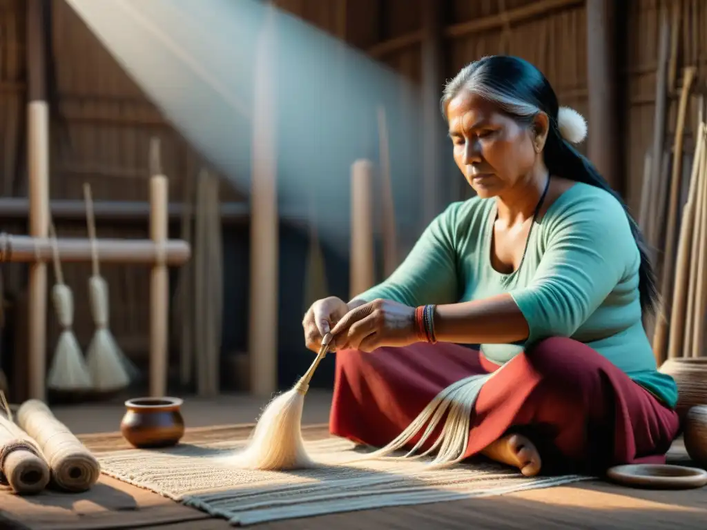 Artesano indígena tejiendo con destreza, fusionando tradición y tecnología en la revitalización de artesanías