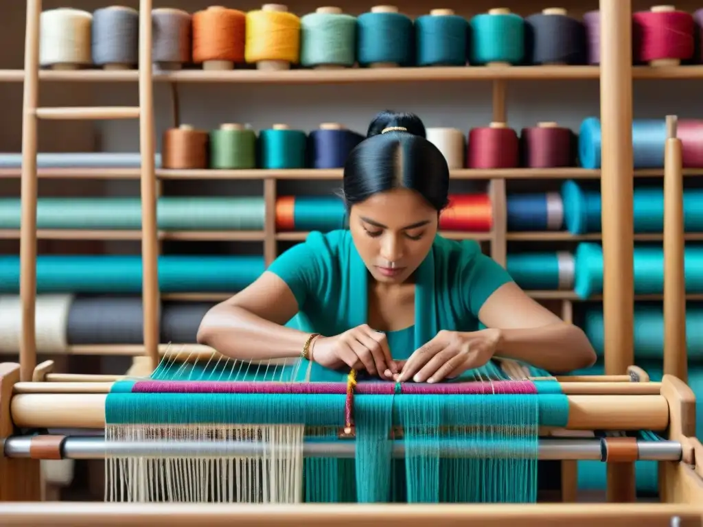 Un artesano indígena tejiendo con destreza en un telar tradicional rodeado de hilos de colores