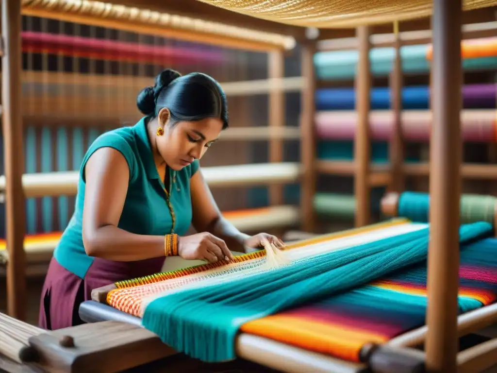 Un artesano indígena teje con destreza un textil colorido en un telar tradicional, fusionando creencias textiles indígenas mágicas