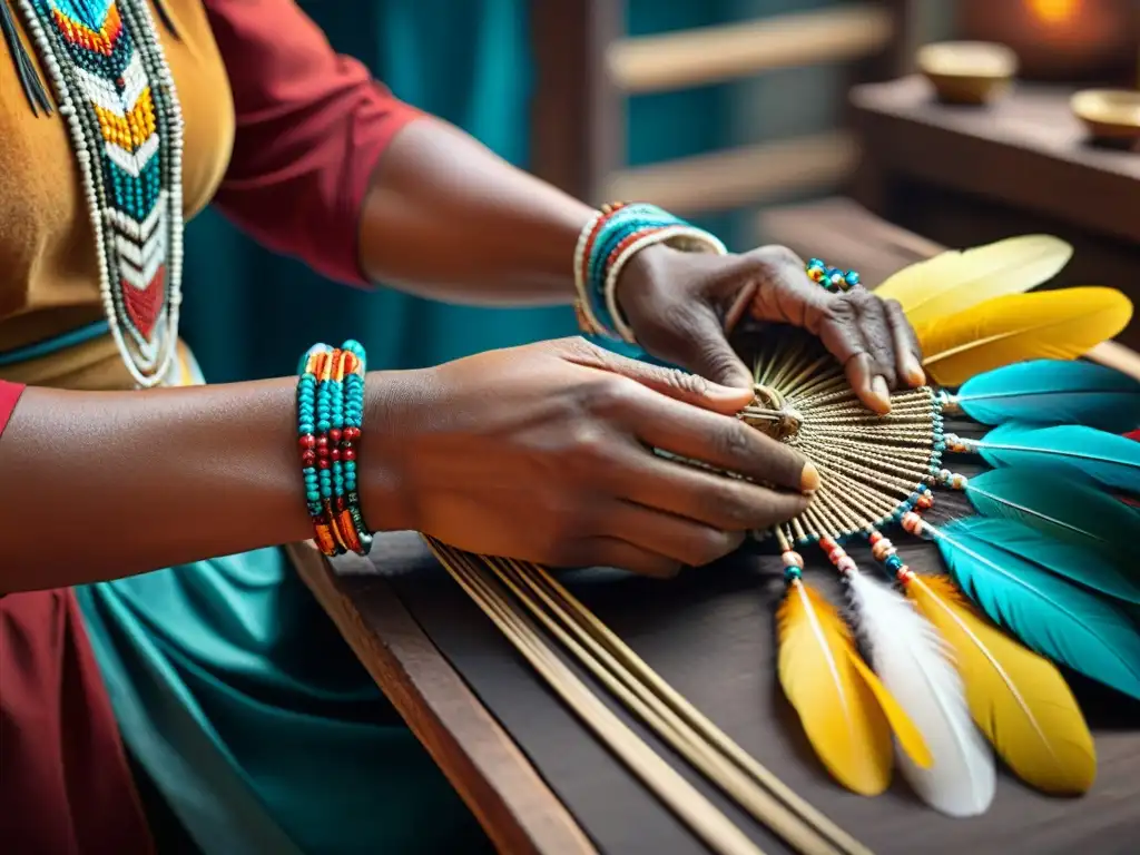 Un artesano indígena teje con destreza un tocado ceremonial con plumas y cuentas, resaltando el significado de los accesorios en ceremonias indígenas