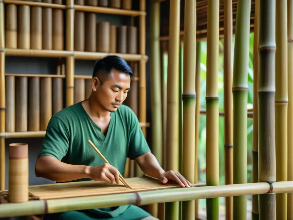 Un artesano indígena crea con destreza una vivienda de bambú, mostrando la rica arquitectura indígena de bambú resistente