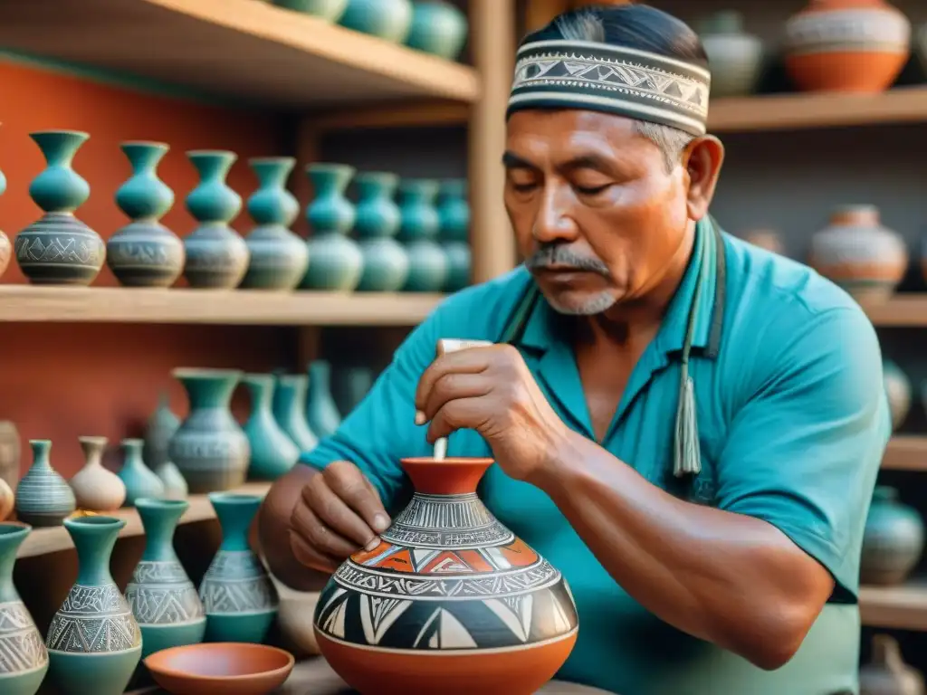 Un artesano indígena pintando detalladas decoraciones en una vasija de cerámica ceremonial, destacando la meticulosidad de las culturas indígenas