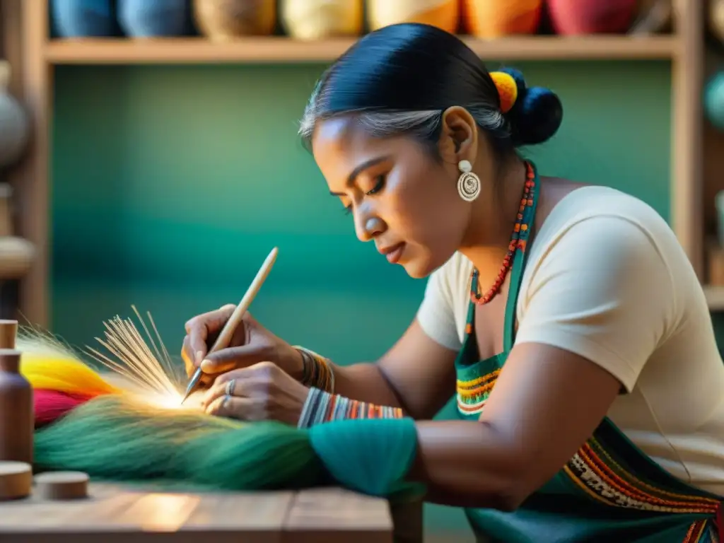 Artesano indígena creando con detalle una obra de arte en su taller iluminado