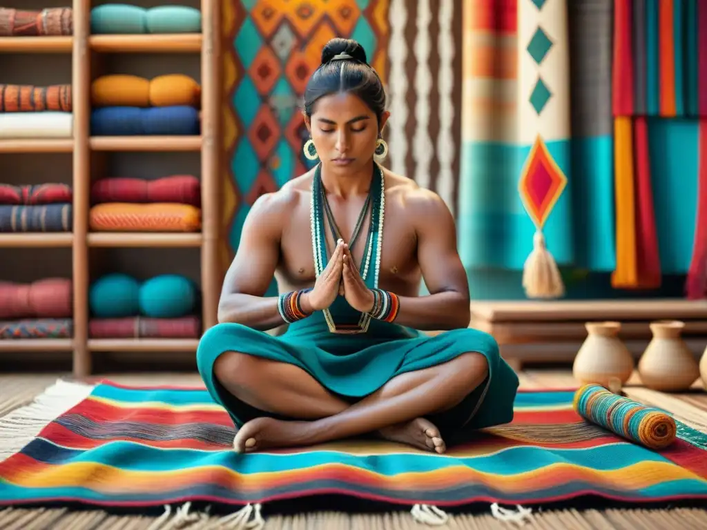 Hábil artesano indígena tejiendo diseños tradicionales en textil colorido