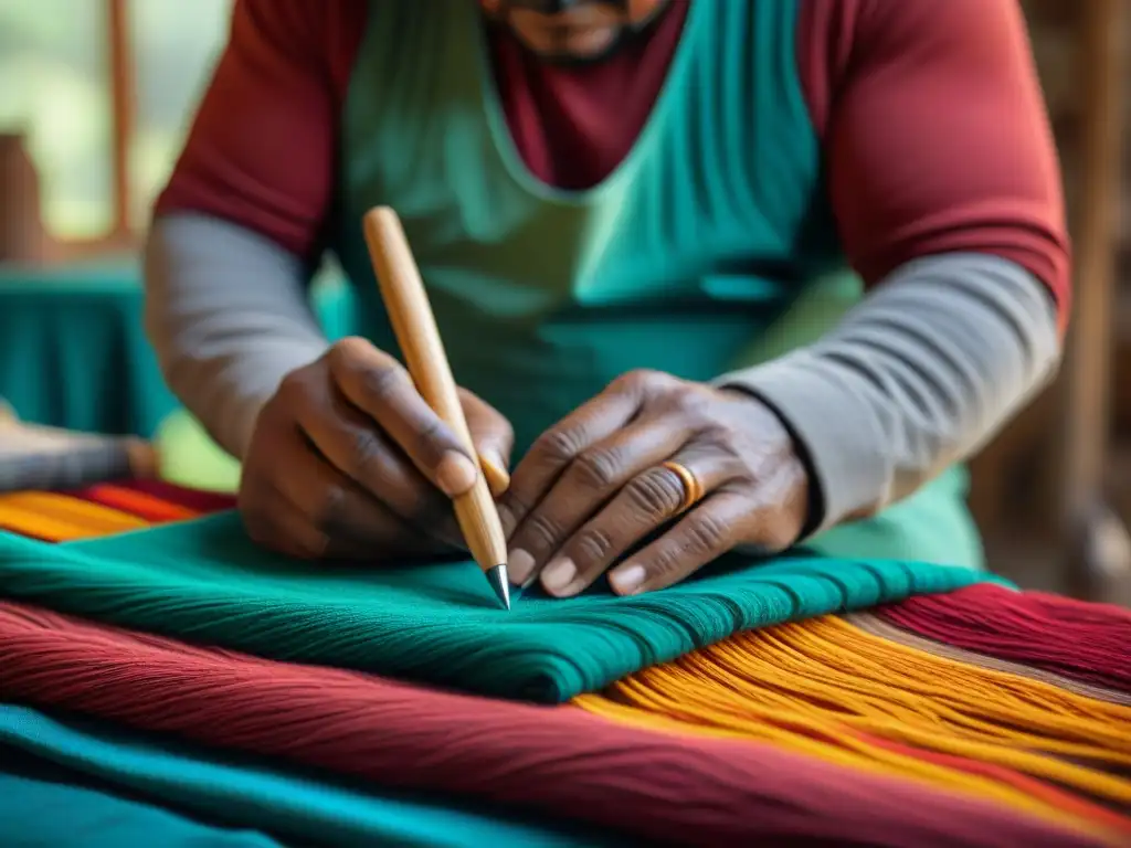 Un artesano indígena crea diseños únicos en textil, resaltando la importancia de la Protección derechos propiedad intelectual indígena