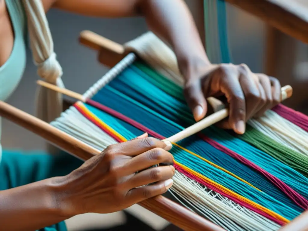 Artesano indígena tejiendo con esmero en un telar de mano, mostrando una colorida labor tradicional