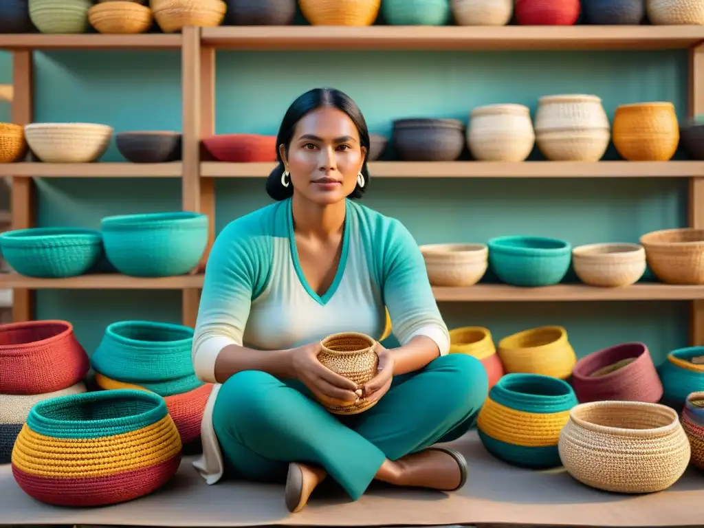 Un artesano indígena experto teje cestas con significado cultural, resaltando patrones tradicionales