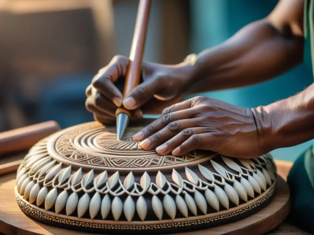 Artesano indígena experto en la construcción de instrumento tradicional, mostrando destreza y tradición en su taller