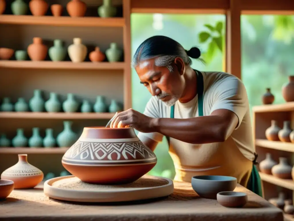 Un artesano indígena experto moldea con cuidado una pieza de cerámica tradicional en un taller rústico