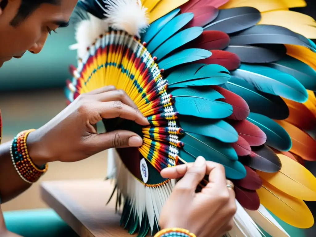 Un artesano indígena experto tejiendo con destreza un tocado de plumas vibrantes, simbolizando el significado cultural del arte plumario indígena