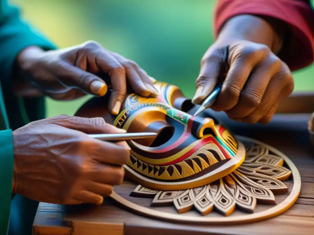 Un artesano indígena experto tallando detallados diseños en una máscara de madera tradicional, historia y respeto en cada talla