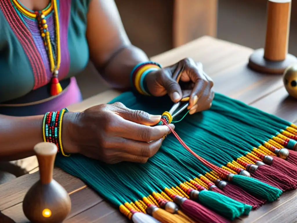 Un artesano indígena experto teje cuidadosamente hilos y cuentas para crear amuletos tradicionales