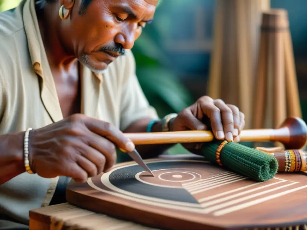 Un artesano indígena experto construyendo un instrumento tradicional con herramientas y materiales naturales