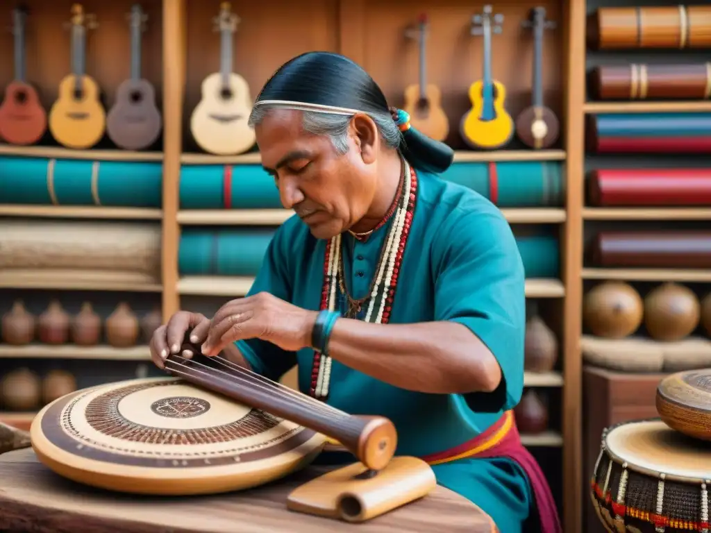 Un artesano indígena experto crea instrumentos musicales tradicionales rodeado de colores vibrantes y patrones intrincados