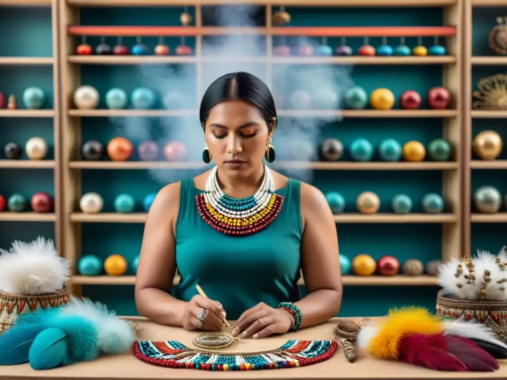 Un artesano indígena experto creando joyería tradicional rodeado de coloridas cuentas y plumas