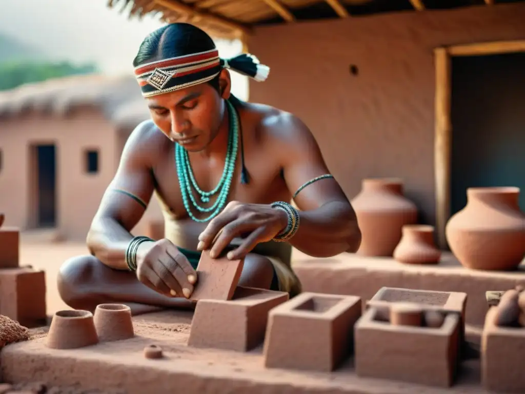 Un artesano indígena experto moldea ladrillos de adobe bajo el sol, mostrando la construcción de viviendas nativas indígenas