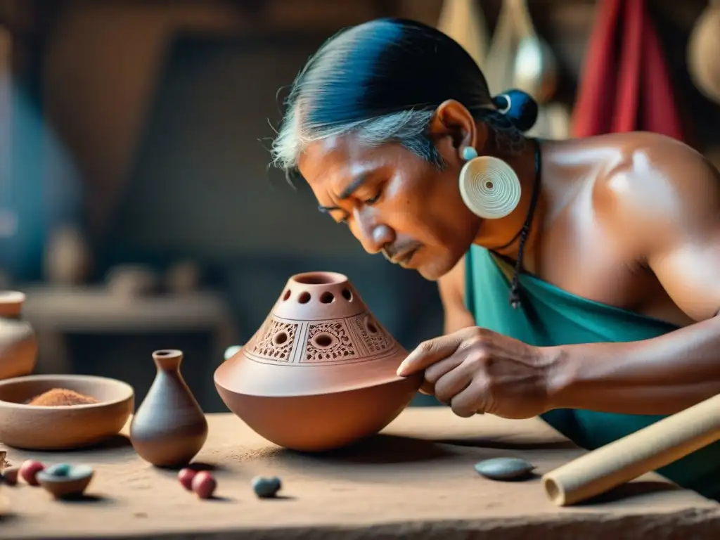 Un artesano indígena experto moldea con maestría una ocarina tradicional, resaltando el significado ocarinas arte indígena