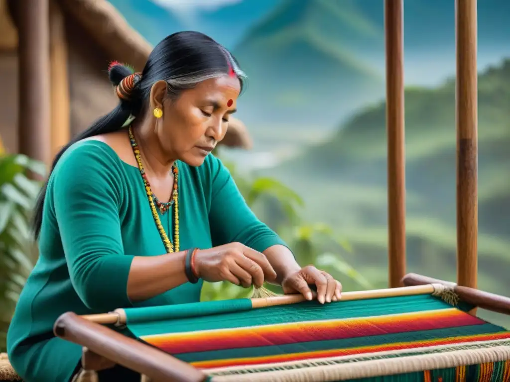 Un artesano indígena experto tejiendo un patrón tradicional en un textil vibrante en un entorno natural