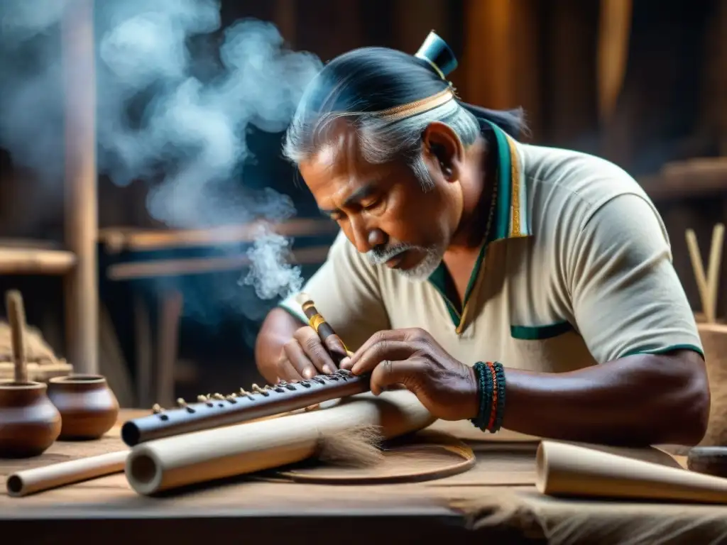 Un artesano indígena experto tallando patrones en una flauta de madera en un taller tenue, rodeado de herramientas y materiales, mostrando su profunda conexión con la artesanía de construcción de instrumentos musicales indígenas