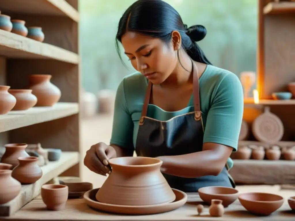 Un artesano indígena experto moldea una pieza de cerámica tradicional con detalles intrincados en un taller rústico