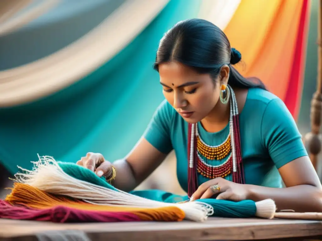 Un artesano indígena experto tejiendo una pieza textil tradicional en un mercado online bullicioso