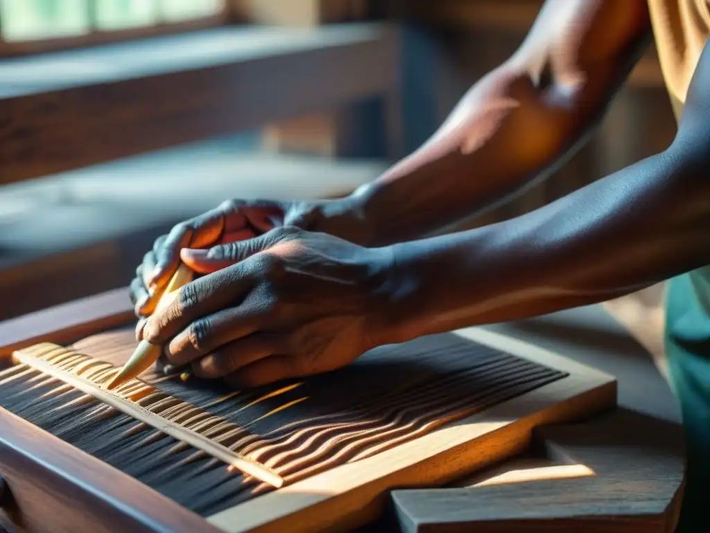 Un artesano indígena experto talla con destreza un instrumento musical tradicional, preservando la cultura