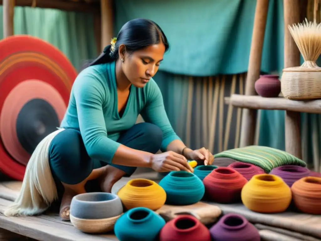 Un artesano indígena experto en técnicas de teñido en textiles, creando patrones con destreza y tradición