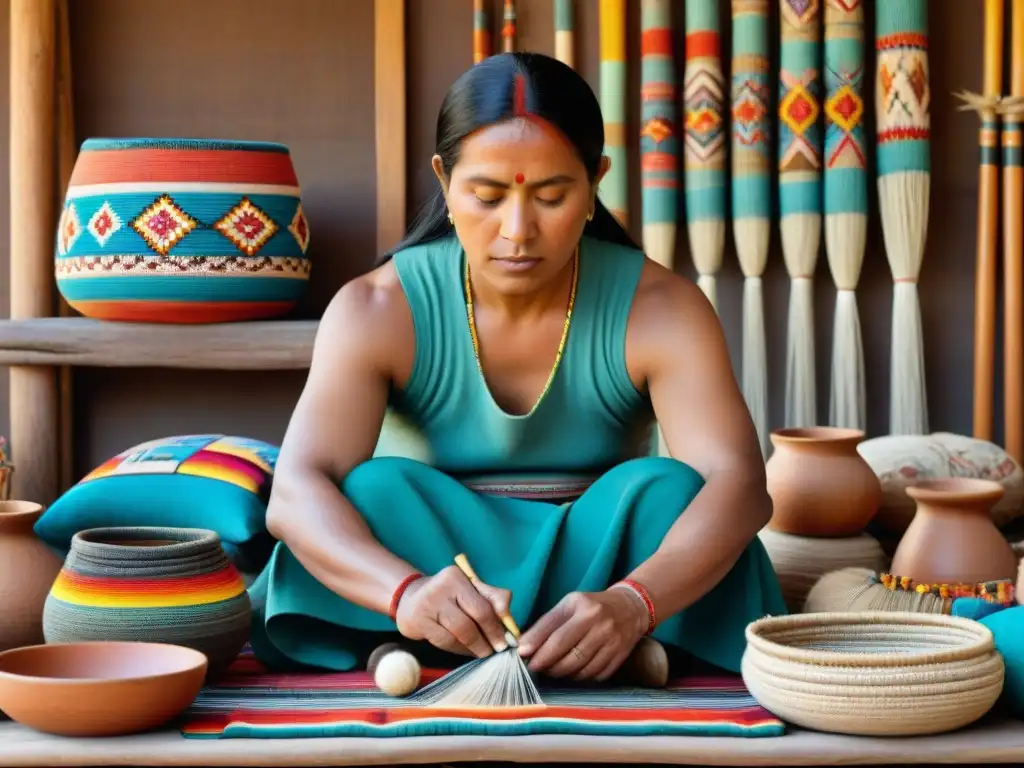 Un artesano indígena experto tejiendo en un telar rodeado de textiles vibrantes y herramientas tradicionales, en un taller rústico