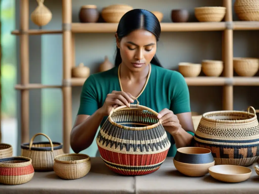 Arte ancestral: artesano indígena tejiendo cestas de palma Un artesano indígena experto en cestería tradicional, creando cestas con hojas de palma, destacando la riqueza del Arte cestería indígena reconocer