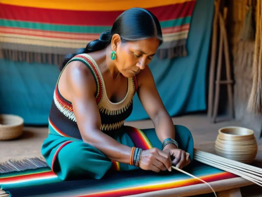 Un artesano indígena experto de una tribu sudamericana preserva técnicas de tejido en su taller rústico y colorido