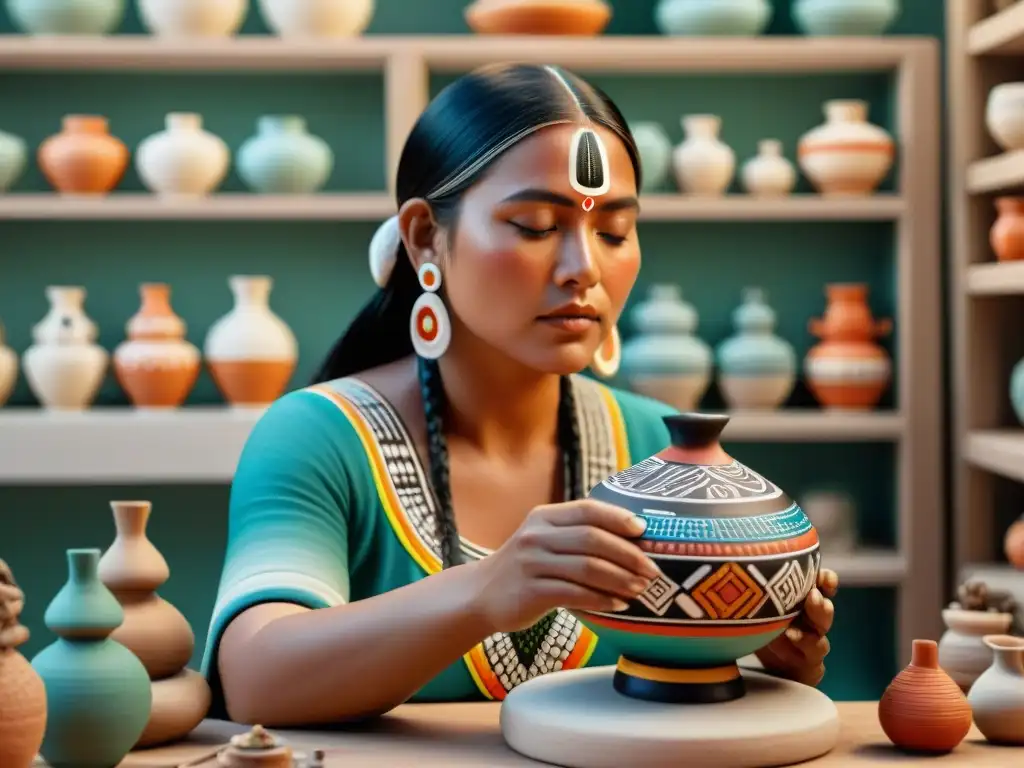 Artesano indígena pintando deidades en cerámica Un artesano indígena pintando figuras femeninas con simbolismo en cerámica