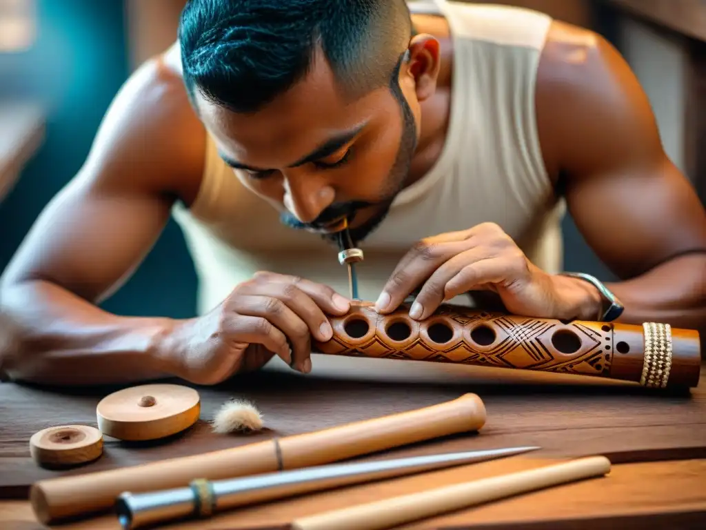 Artesano indígena tallando flauta con diseños, mostrando la meticulosidad en la construcción de instrumentos musicales indígenas