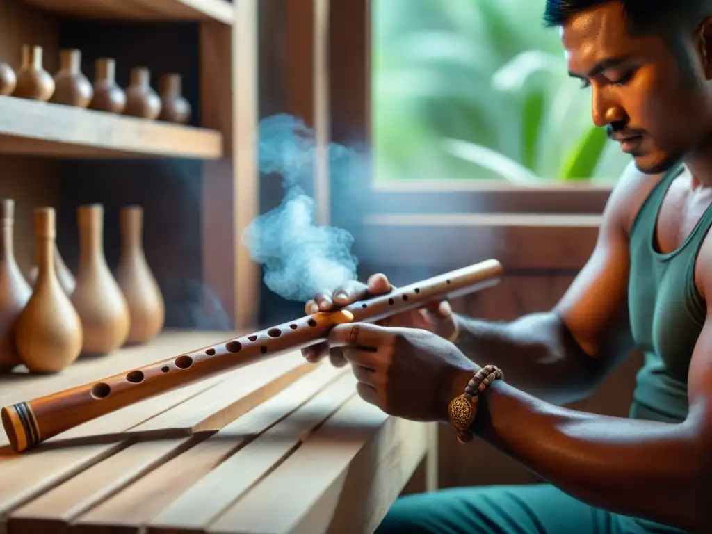 Un artesano indígena construyendo una flauta de madera con detalle, rodeado de instrumentos musicales indígenas