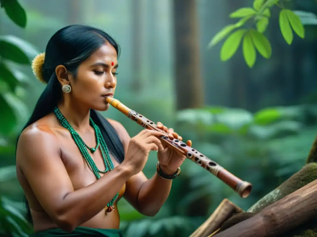Artesano indígena tallando flauta rodeado de instrumentos musicales indígenas en la selva