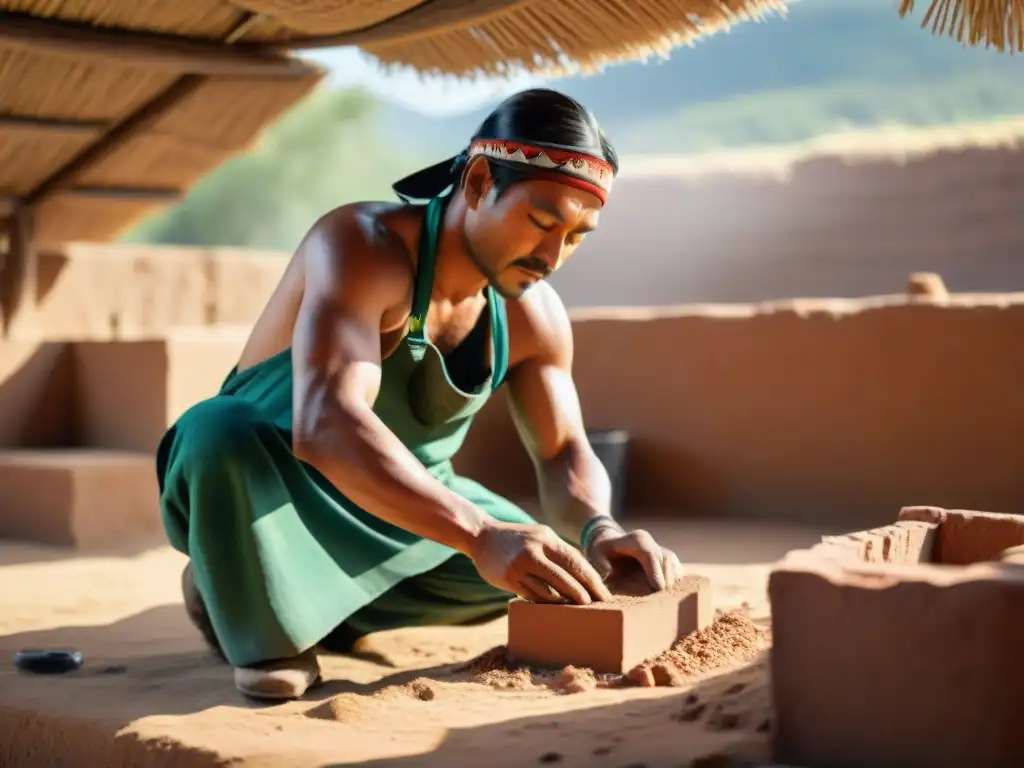 Un artesano indígena da forma a ladrillos de adobe a mano bajo el sol