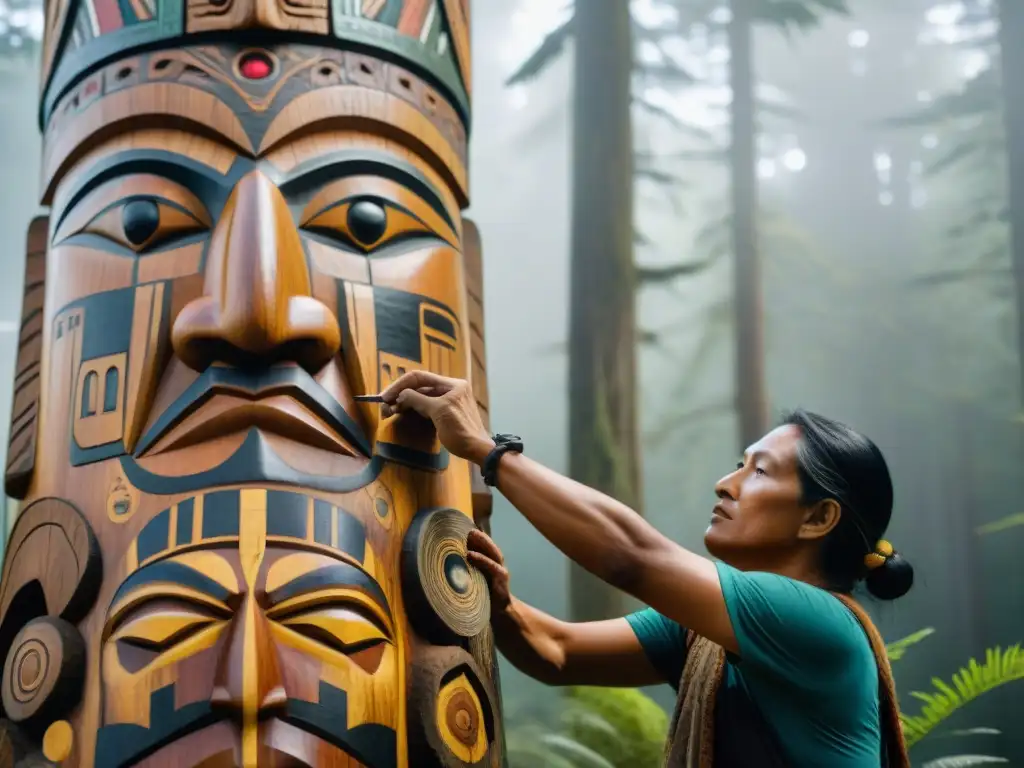 Un artesano indígena esculpe detalladamente un gran tótem en un bosque verde, capturando el significado de las civilizaciones indígenas