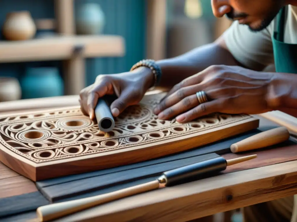 Un artesano indígena habilidoso talla patrones en madera para instrumentos musicales indígenas sostenibles