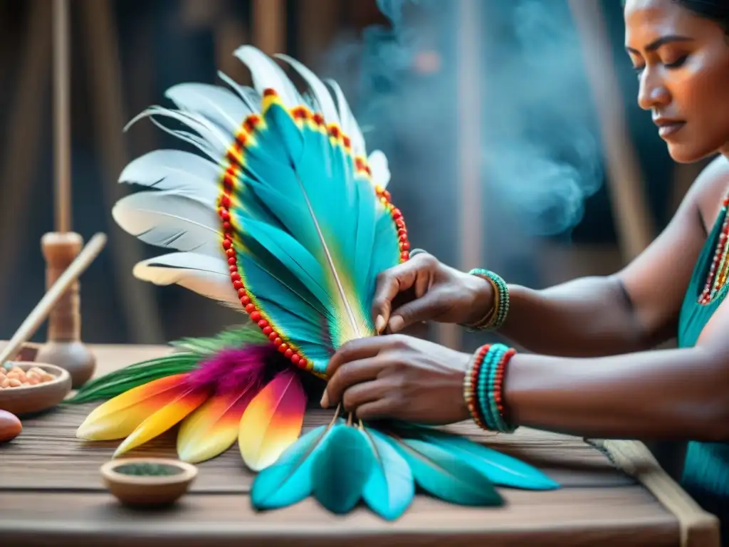 Artesano indígena tejiendo hechura ceremonial con plumas y cuentas, reflejando sabiduría ancestral