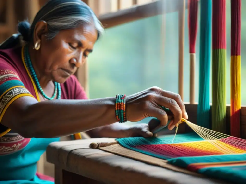 Artesanía indígena: manos tejedoras iluminadas Un artesano indígena teje hilos coloridos en un telar, iluminado por luz natural en taller de artesanías indígenas