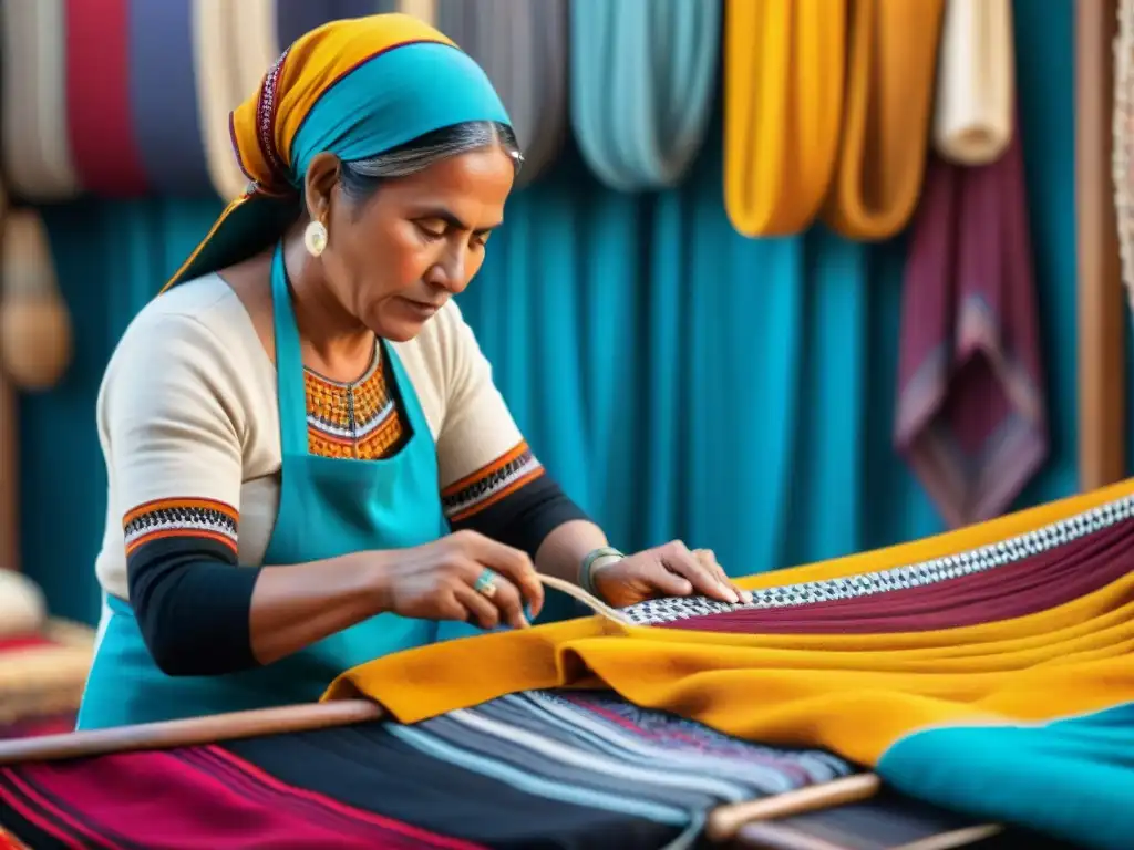 Un artesano indígena tejiendo historias en textiles tradicionales en un mercado vibrante