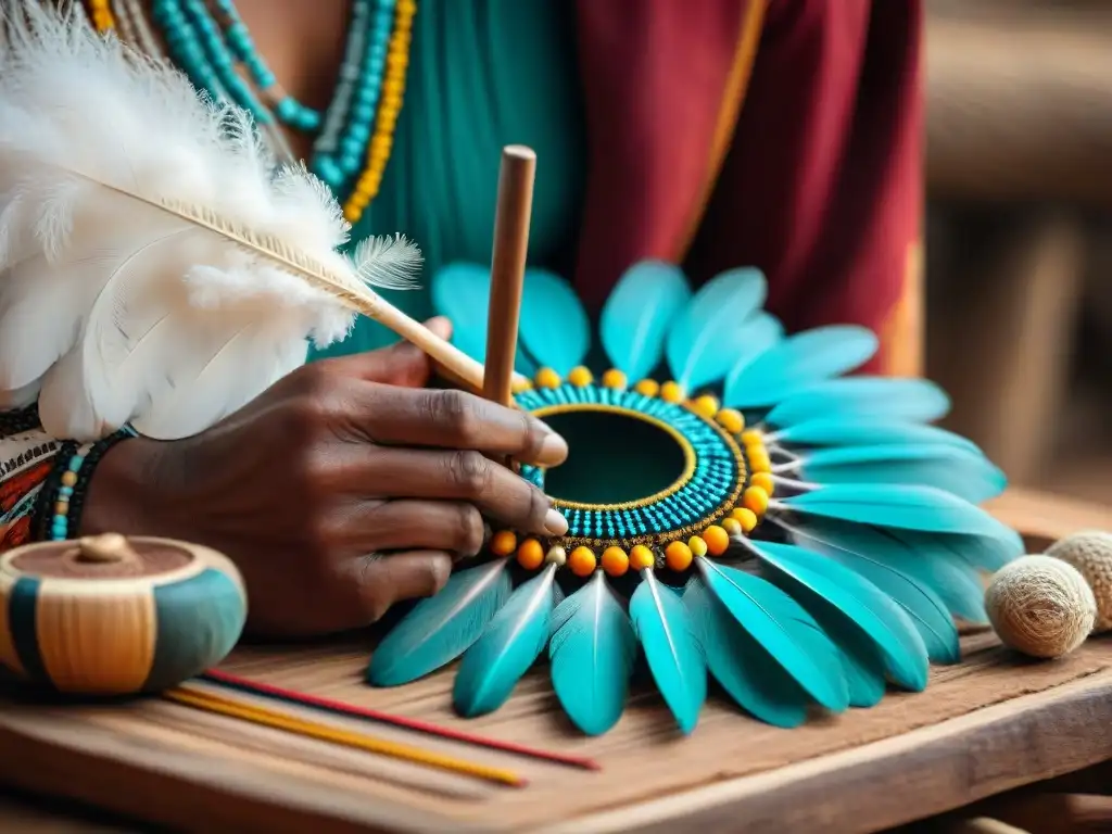 Un artesano indígena crea un instrumento ceremonial rodeado de plumas vibrantes e intrincados patrones