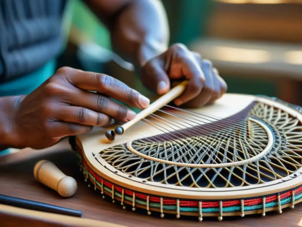 Artesano indígena de América creando un instrumento de cuerda, destacando la precisión y la tradición artesanal