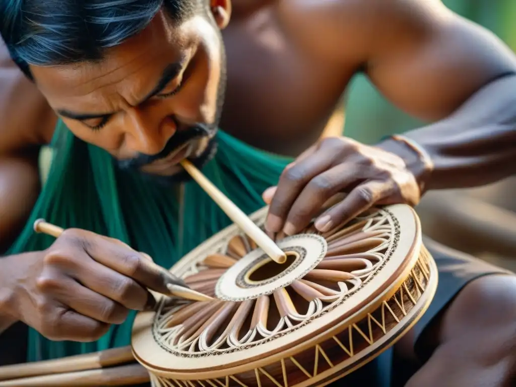 Un artesano indígena creando un instrumento de cuerda tradicional con madera texturizada, usando técnicas ancestrales