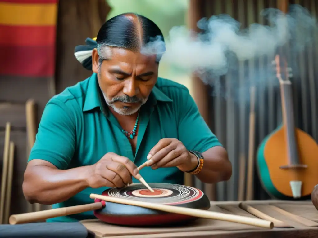 Un artesano indígena elabora un instrumento musical tradicional con técnicas ancestrales