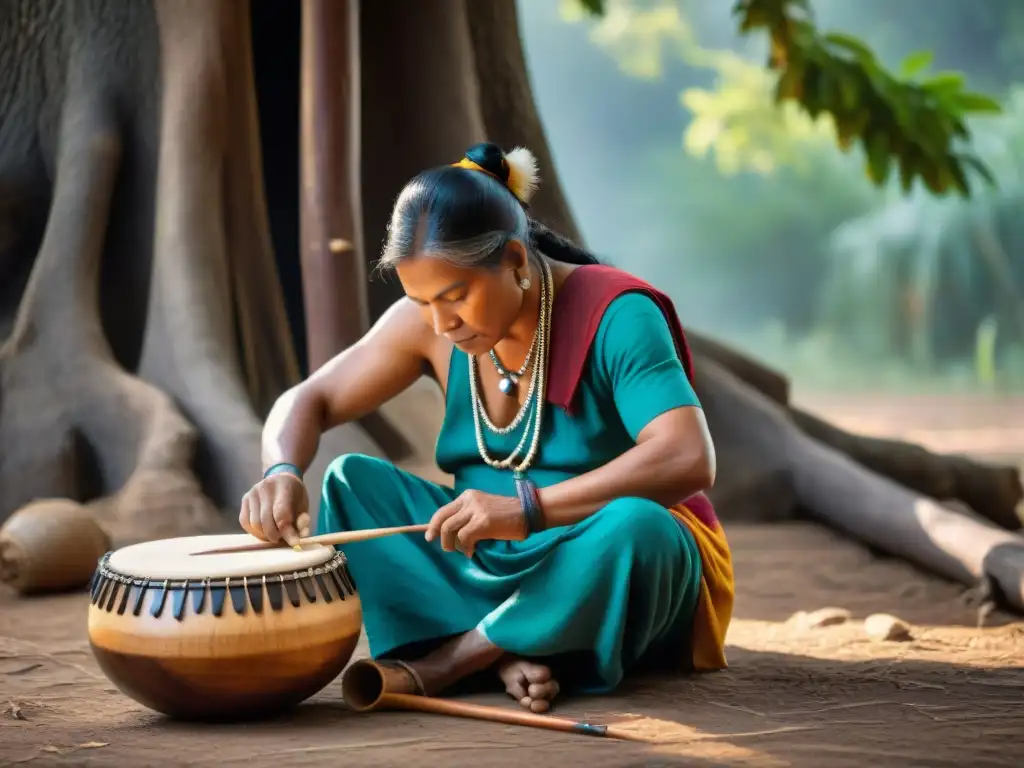 Un artesano indígena crea un instrumento musical tradicional bajo un árbol antiguo