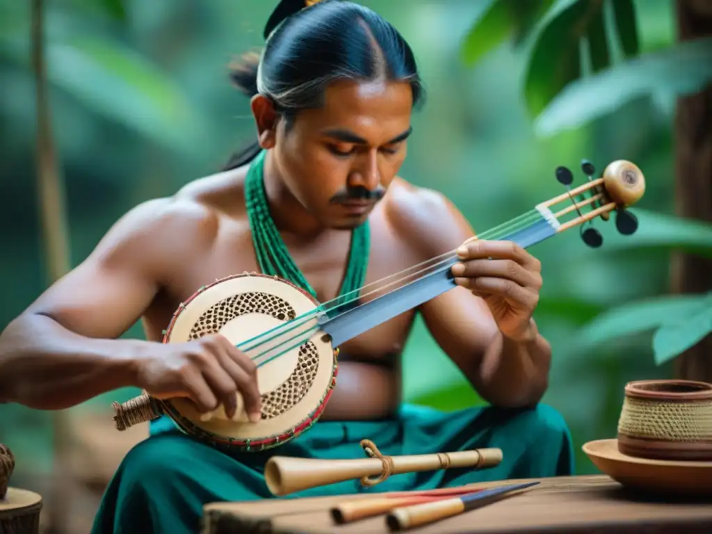 Un artesano indígena creando instrumentos de cuerda tradicionales con materiales locales, inmerso en la naturaleza